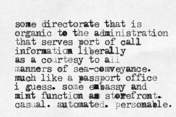 some directorate that is organic to the administration that serves port of call information liberally as a courtesy to all manners of sea-comveyance. much like a passport office i guess. some embassy and mint function as storefront. casual. automated. personable. 