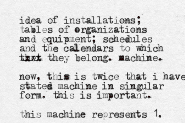 idea of installations; tables of organizations and equipment; schedules and the calendars to which thet xxxx they belong. machine. now, this is twice that i have states d machine in singular form. this is important. this machine represents 1. 