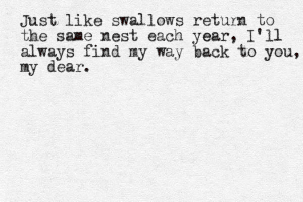 Just like swallows return to the same nest each year e , I'll always find my way back to you, my dear. 