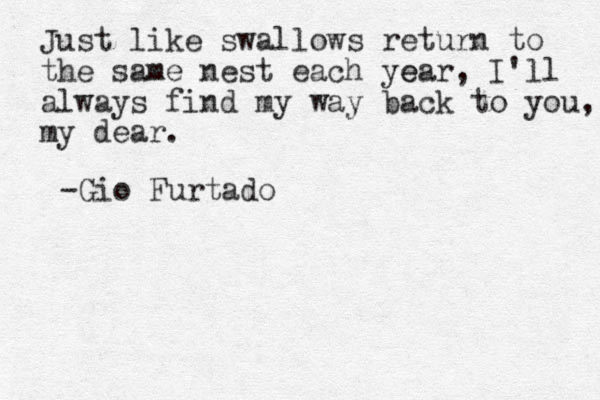 Just like swallows return to the same nest each year e , I'll always find my way back to you, my dear. -Gio Furtado