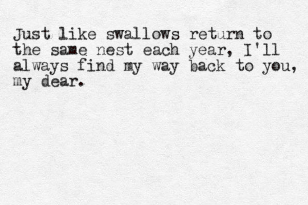 Just like swallows return to the same nest each year, I'll always find my way back to you, my dear.