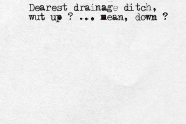 Dearest drainage ditch, wut up ? ... mean, down ? 