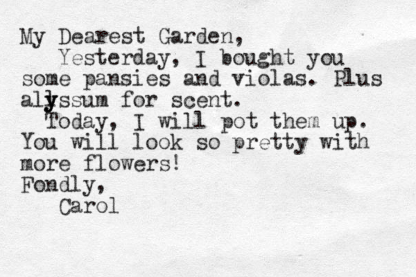 My Dearest Garden, Yesterday, I bought you some pansies and violas. Plus all y y yssum for scent. Today, I will pot them up. You will look so pretty with more flowers! Fondly, Carol 