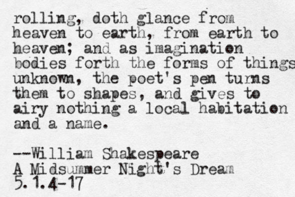 rolling, doth glance from heaven to earth, from earth to heaven; and as imagination bodies forth the forms of things unknown, the poet's pen turns them to shapes, and gives to airy nothing a local habitation and a name. --William Shakespeare A Midsummer Night's Dream 5.1.4-17 