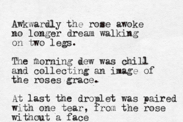 Awkwardly the rose awoke no longer dream walking on two legs. The morning dew was chill and collecting an image of the roses grace. At last the droplet was paired with one tear, from the rose without a face 
