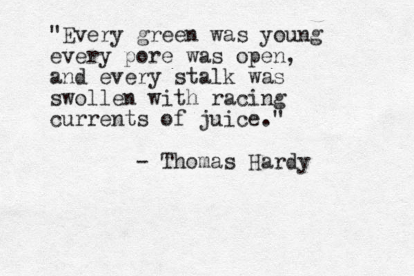 "Every green was young every pore was open, and every stalk was swollen with racing currents of juice." - Thomas Hardy 