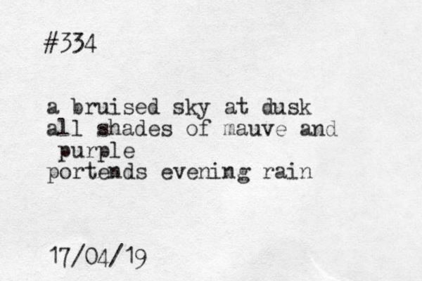 #334 a bruised sky at dusk all shades of mauve and purple portends evening rain 17/04/19