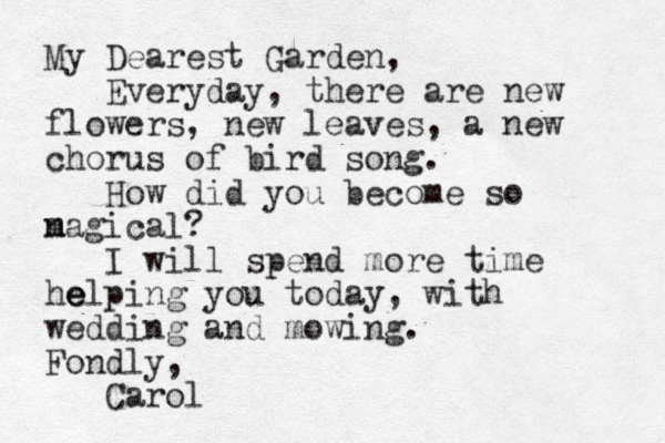 My Dearest Garden, Everyday, there are new flowers, new leaves, a new chorus of bird song. How did you become so n m magical? I will spend more time he e elping you today, with wedding and mowing. Fondly, Carol