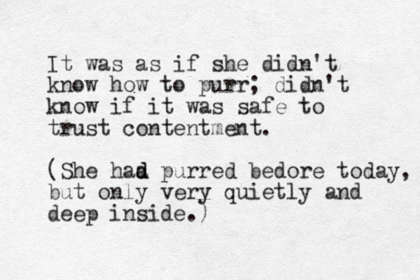 It was as if she didn't know how to purr; didn't know if it was safe to trust contentment. (She haa d d purred bedore today, but only very quietly and deep inside.) 