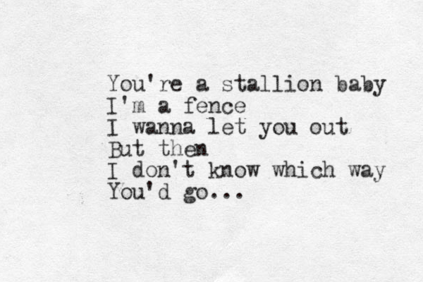 You're a stallion baby I'm a fence I wanna let you out But then I don't know which way You'd go... 