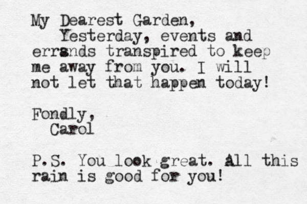 My Dearest Garden, Yesterday, events and errsnds a transpired to keep me away from you. I will not let that happen today! Fondly, Carol P.S. You look great. a All this rain is good for you!