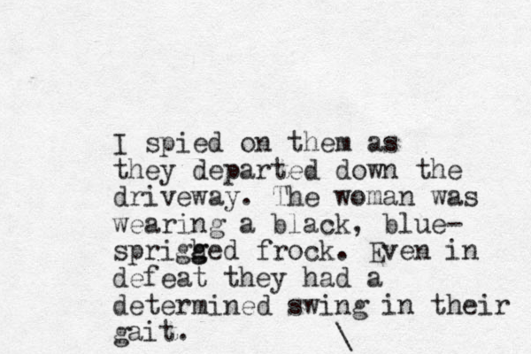 I spied on them as they departed down the driveway. The woman was wearing a black, blue- sprighed g g frock. Even in defeat they had a determined swing in their gait. \