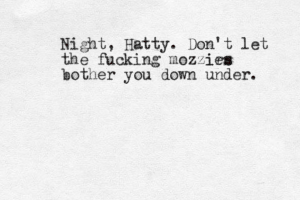 Night, Hatty. Don't let the fucking mozzirs ies bother you down under. 