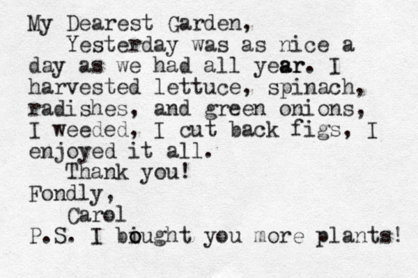 My Dearest Garden, Yesterday was as nice a day as we had all yesr a ar. I harvested lettuce, spinach, radishes, and green onions, I weeded, I cut back figs, I enjoyed it all. Thank you! Fondly, Carol P.S. I biught o o o you more plants! 