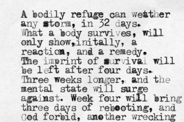 A bodily refuge can wet ather any storm, in 32 days. What a body survives, will only show initally , , a reaction, and a remedy. The imprint of survival will be left after four days. Three weeks longer, and the mental state will surge against. week W four will bring three days of rebooting, and God forbid, another wrecking 