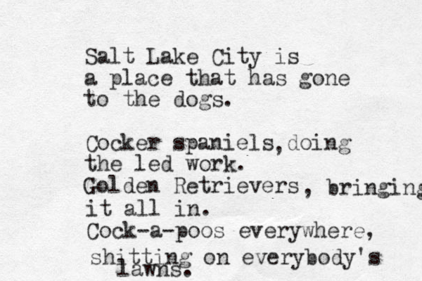 Salt Lake City is a place that has gone to the dogs. Cocker spaniels doing the led work. Golden Retrievers , , bringing it all in. Cock-a-poos everywhere, shitting on everybody's lawns.