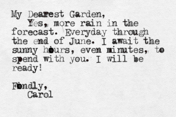 My Dearest Garden, Yes, more rain in the forecast. Everyday through the end of June. I await the sunny hiurs, o o o even minutes, to spend with you. I will be ready! Findly, o o Carol