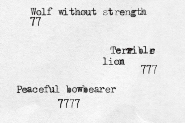 Wolf without strength 77 Terriblr e lion 777 Peaceful bowbearer 7777