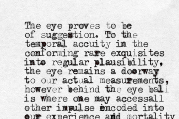 The eye proves to be of suggestion. To the temporal accuity in the conforming rare exquisites into regular plausibility. , the eye remains a doorway to our actual measurements, however behind the eye ball is where one may accessall other impulse i e encoded into our experience ad n n d mortality 