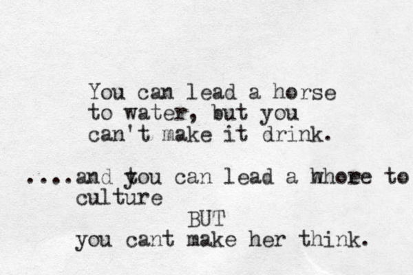 You can lead a horse to water, but you can't make it drink. ....and tou y can lead a h whoe re to culture BUT you cant make her think. 