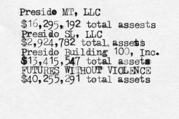 Presido MT, LLC $16,295,192 total assests Presido SL, LLC $2,924,782 total assest ts Presido Building 100, Inc. & $ $13,415,547 total assets FUTURES WITHOUT VIOLENCE $40,255,291 total assets 
