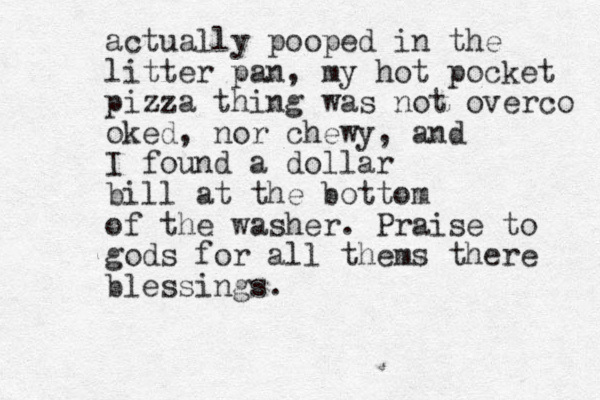 actually pooped in the litter pan, my hot pocket pizza thing was not overco oked, nor chewy, and I found a dollar bill at the bottom of the washer. Praise to gods for all thems there blessings. 