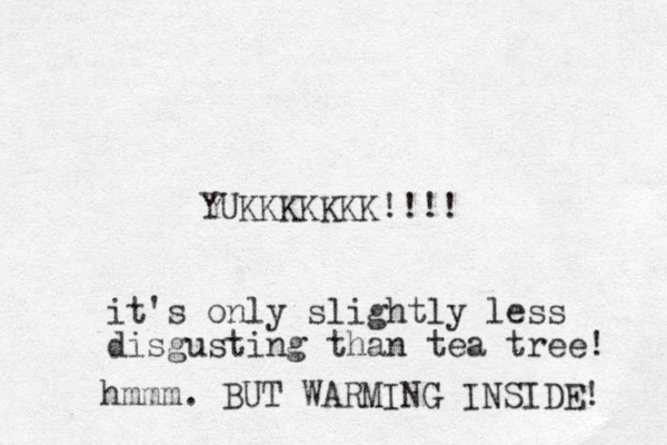 YUKKKKKKK!!!! it's only slightly less disgusting than te a tree! hmmm. BUT WARMING INSIDE! 