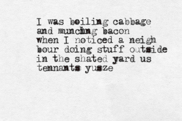 I was boiling cabbage and muncing h h bacon when I noticed a neigh bour doing stuff outside in the shated yard us tennants yusze