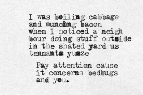 I was boiling cabbage and muncing h h bacon when I noticed a neigh bour doing stuff outside in the shated yard us tennants yusze Pay attention cause it concerns bedbugs and you.
