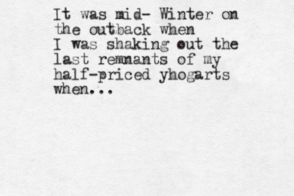 It was mid- Winter on the outback when I was shaking out the last remnants of my half-priced yhogarts when...