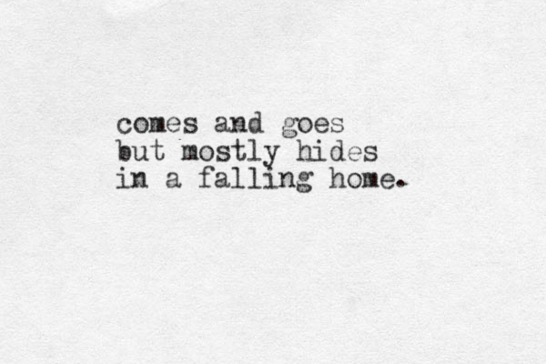 comes and goes but mostly hides in a falling home. 