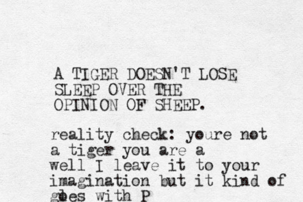 A TIGER DOESN'T LOSE SLEEP OVER THE OPINION OF SHEEP. reality check: youre not a tiger you are a well I leave it to your imagination but it kind of gl oes with P