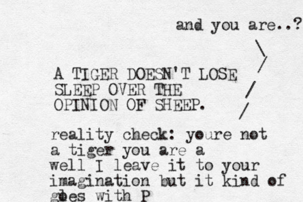 A TIGER DOESN'T LOSE SLEEP OVER THE OPINION OF SHEEP. reality check: youre not a tiger you are a well I leave it to your imagination but it kind of gl oes with P / / / \ and you are..? 