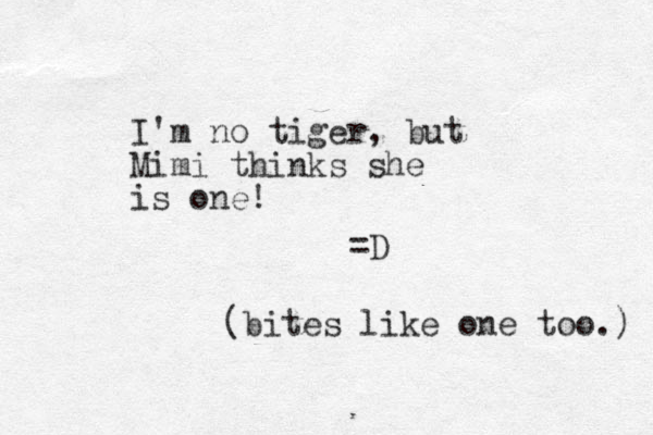 I'm no tiger, but Mimi thinks she is one! =D (bites like one too.) 
