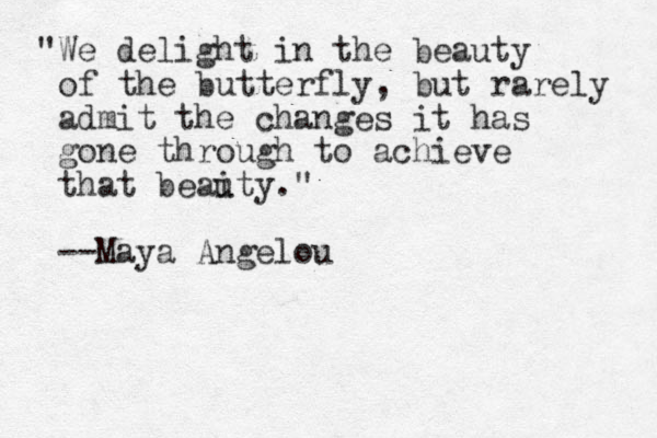 "We delight in the beauty of the butterfly, but rarely admit the changes it has gone through to achieve that beaity." u --Maya Angelou