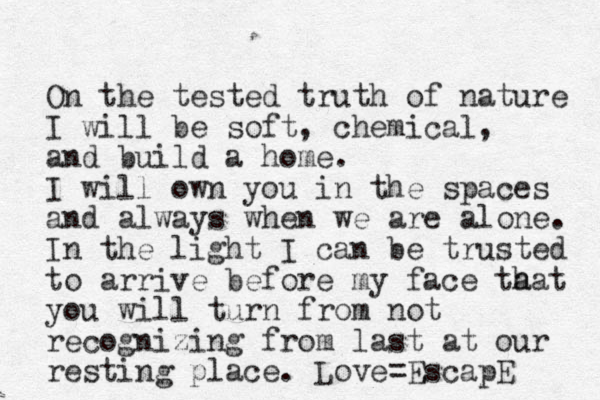 On the tested truth of nature I will be soft, chemical, and build a home. I will own you in the spaces and always when we are alone. In the light I can be trusted to arrive before my face ta hat you will turn from not recognizing from last at our resting place. Love=EscapE 