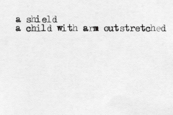 a shield a child with arm outstretched 