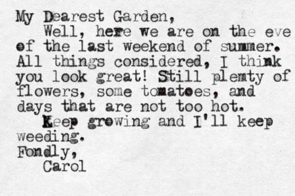 My Dearest Garden, Well, here we are on the eve of the last weekend of summer. All things considered, I think you look great! Still plemty of flowers, some tomatoes, and days that are not too hot. Leep growing K k and I'll keep weeding. Fondly, Carol 