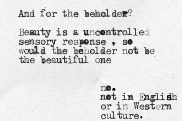 And for the beholder? Beauty is a uncontrolled sensory response , so would the beholder not be the beautiful one no. not in Englid sh s or in Western culture.