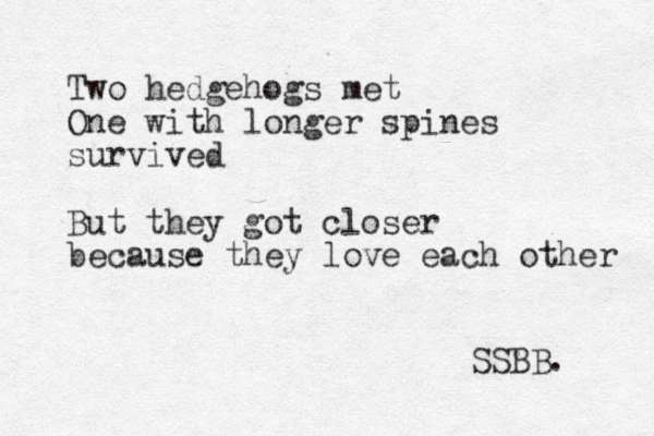 Two hedgehogs met One with longer spines survived But they got closer because they love each other SSBB. 