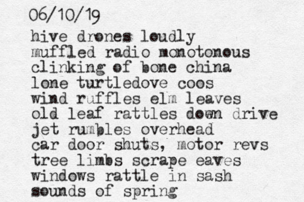 hive drones loudly muffled radio monotonous clinking of bone china lone turtledove coos wind ruffles elm leaves old leaf rattles doen w drive jet rumbles overhead car door shuts, motor revs v tree limbs scrape eaves windows rattle in sash sounds of spring 06/10/19 