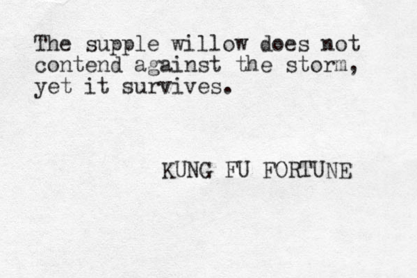 The supple willow does not contend against the storm, yet it survives. KUNG FU FORTUNE 