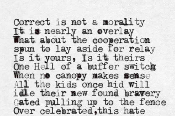 Correct is not a morality It is nearly an overlay What about the cooperation spun to lay aside for relay Is it yours, Is it theirs One Hell of a buffer switcg h h When no canopy makes sense All the kids once hid will idle their new found bravery Gated pulling up to the fence Over celebrated this hate ,