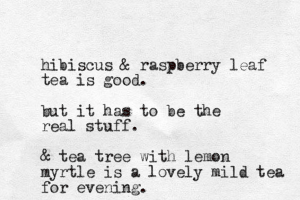 hibiscus & raspberry leaf tea is good. but it has to be the real stuff. & tea tree with lemon myrtle is a lovely mild tea for evening.