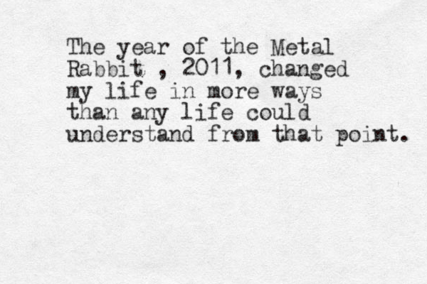 The year of the Metal Rabbit , 2011, changed my life in more ways than any life could understand from that point. 
