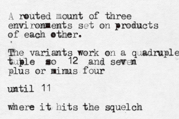A routed mount of three environments set on products of each other. The variants work on a quadruple tuble p so 12 and seven plus or minus four until 11 where it hits the squelch
