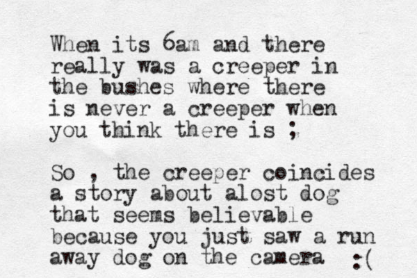 When its 6am and there really was a creeper in the bushes where there is never a creeper when you think there is ; So , the creeper coincides a story about alost dog that seems believable because you just saw a run away dog on the camera :( 