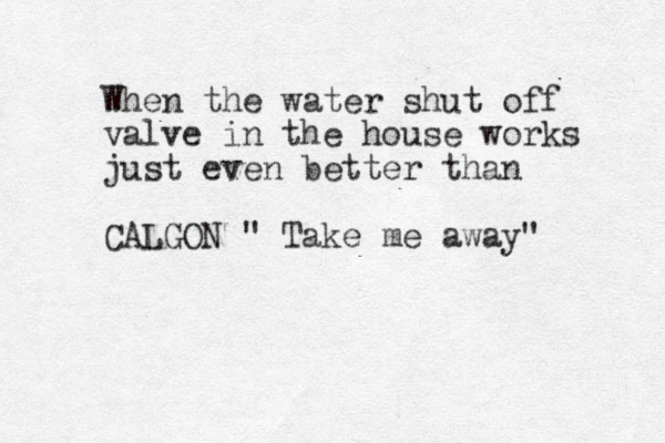 When the water shut off valve in the house works just even better than CALGON " Take me away" 