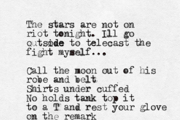 The stars are not on riot tonight. Ill go outsode ide to telecast the fight myself... Call the moon out of his robe and belt Shirts under cuffed No holds tank top it to a T and rest your glove on the remark