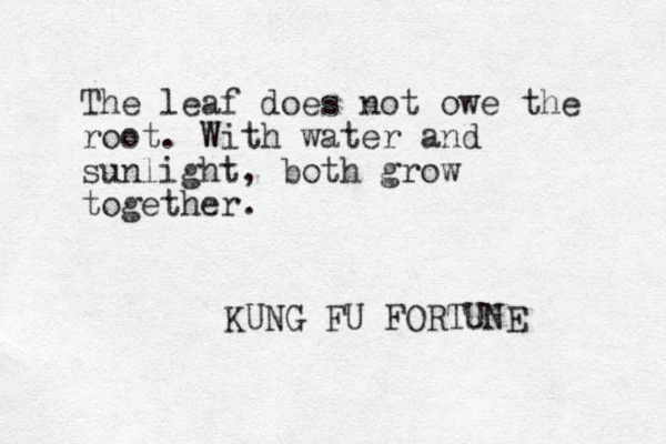 The leaf does not owe the root. With water and sunlight , both grow together. KUNG FU FORTUNE 